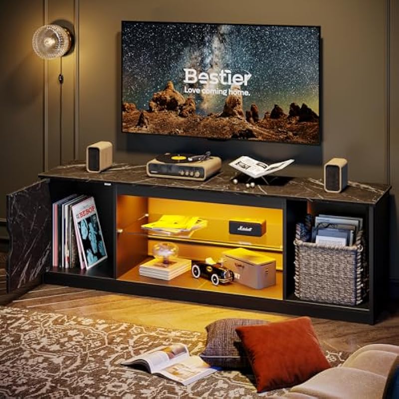 Bestier LED TV Stand for 55/60/65 Inch TV, Gaming Entertainment Center with Cabinet for PS5, Modern TV Console with Adjustable Glass Shelf for Living Room Bedroom, Black Marble