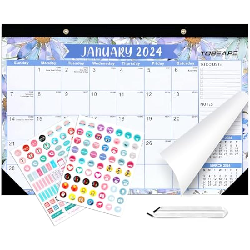 Tobeape Desk Calendar 2024,Large 17”x12” Desktop Wall Calendar,Jul 2023 to Dec 2024,18 Monthly Calendar with Planner Stickers &Hanging Rope,Desk Calendar 2023-2024 for Home School Office-FLoral