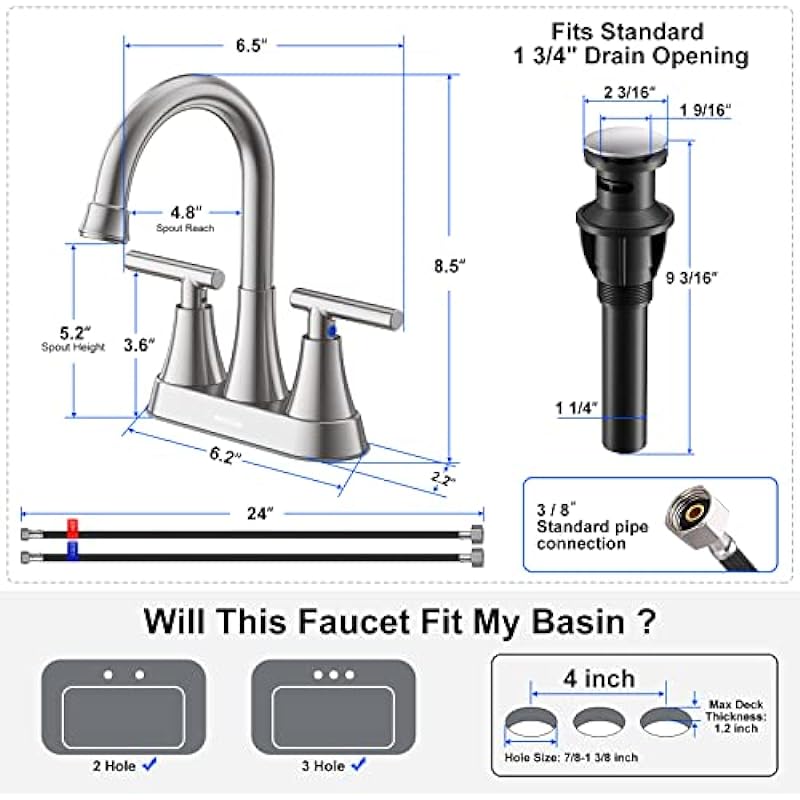 Bathroom Faucets for Sink 3 Hole, Hurran 4 inch Brushed Nickel Bathroom Sink Faucet with Pop-up Drain and Supply Hoses, Stainless Steel Lead-Free 2-Handle Centerset Faucet for Bathroom Sink Vanity RV