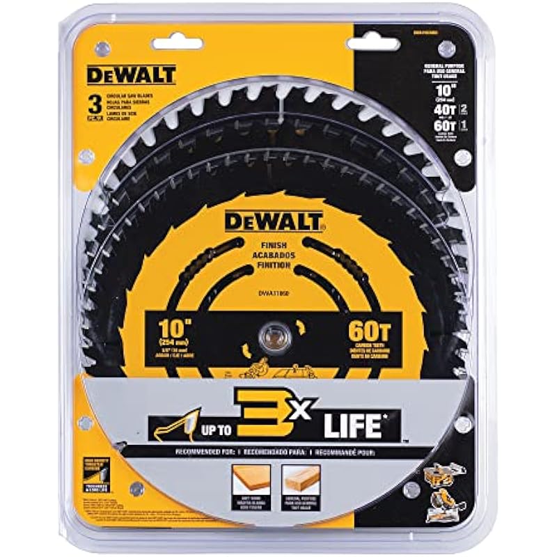 DEWALT Pack of 10 in Saw Blades – 60T & 2 X 40T Saw Blades, for Miter Saws and Table Saws, 3 Blades Total (DWA110CMB3)