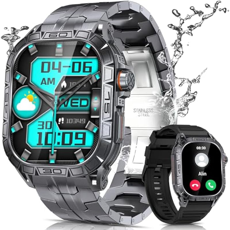 Military Smart Watch for Men with 1.96″ AMOLED Screen, IP68 Waterproof Smartwatch with Bluetooth Call/Health Monitor/Sleep Monitor, 100+ Sports Moeds Tactical Fitness Tracker for iOS Android