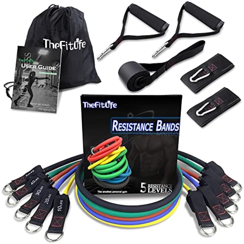 TheFitLife Exercise and Resistance Bands Set – 5 Fitness stackable up to 110/150/200/250/300 lbs Workout Tubes for Indoor and Outdoor Sports, Fitness, Suspension, Speed Strength, Baseball Softball Training, Home Gym, Yoga