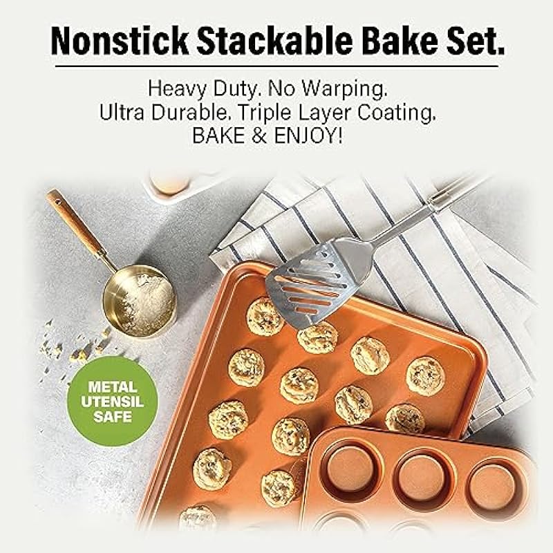 Gotham Steel Stackable Bakeware Set, 6 Pc Baking Pans Set Nonstick, Ceramic Bakeware Set, Baking Set Nonstick Bakeware Kit, Baking Sheet Set, Space Saving, Heavy Duty No Warp, 100% Toxin Free – Copper