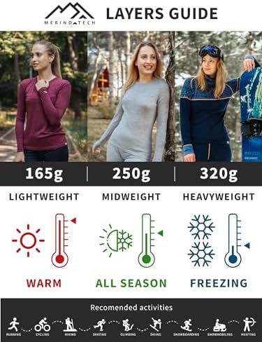 Merino.tech Merino Wool Base Layer Women 100% Merino Wool Light, Mid, Heavyweight Long Sleeve Thermal Shirts + Wool Socks