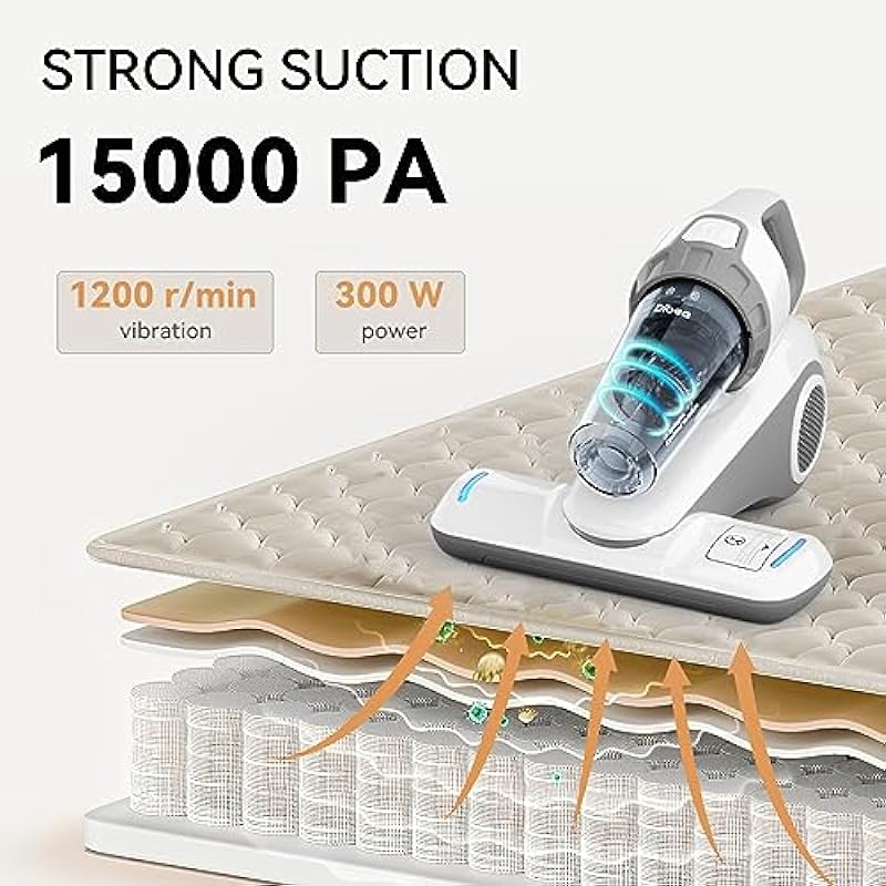 Dibea Handheld Bed Vacuum Cleaner, Mattress Vacuum Cleaner with 15KPa Suction, Washable HEPA Filter for Deep Clean Fur, Hair, Dust on Sofa, Couch, Carpet and Fabric, White