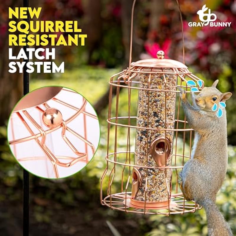 Gray Bunny Bird Feeder for Outside, Squirrel Proof Bird Feeders for Outdoors Hanging, Metal Wild Bird Seed Feeder for Small Birds, 4 Ports, Chew-Proof, Weather Resistant