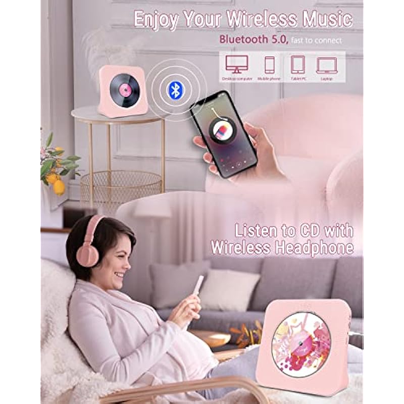 Greadio CD Player Portable with Bluetooth 5.0, HiFi Sound Speaker, CD Music Player with Remote Control, Dust Cover, FM Radio, LED Screen, Support AUX/USB, Headphone Jack for Home, Kids, Kpop, Gift
