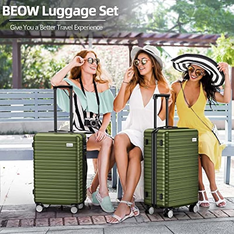 BEOW Luggage Sets 4-Piece (16/20/24/28)” Expandable Suitcases with Wheels PC+ABS Durable Hardside Luggage Clearance OliveGreen