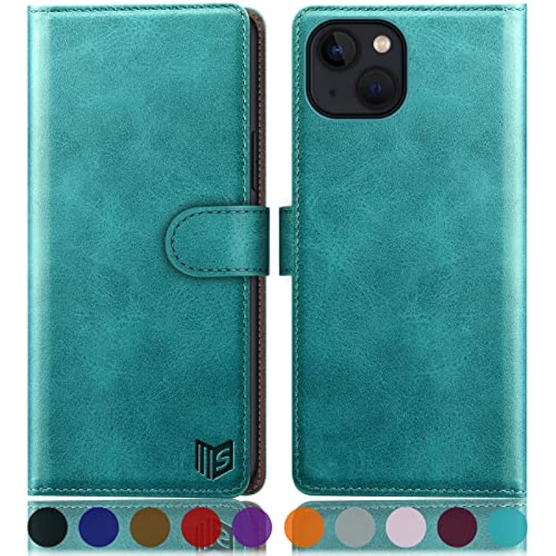 SUANPOT for iPhone 14 6.1″ Wallet case with RFID Blocking Credit Card Holder,Flip Book PU Leather Protective Cover Women Men for Apple 14 Phone case Blue Green