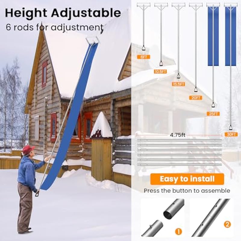 Keten Snow Roof Rake, 30FT Detachable Roof Rake for House Roof Snow Removal, 17” Blade with Glide Pads, 15FT Rugged Snow Slide, Snow Roof Rake for Snow, Leaves, Debris Removal