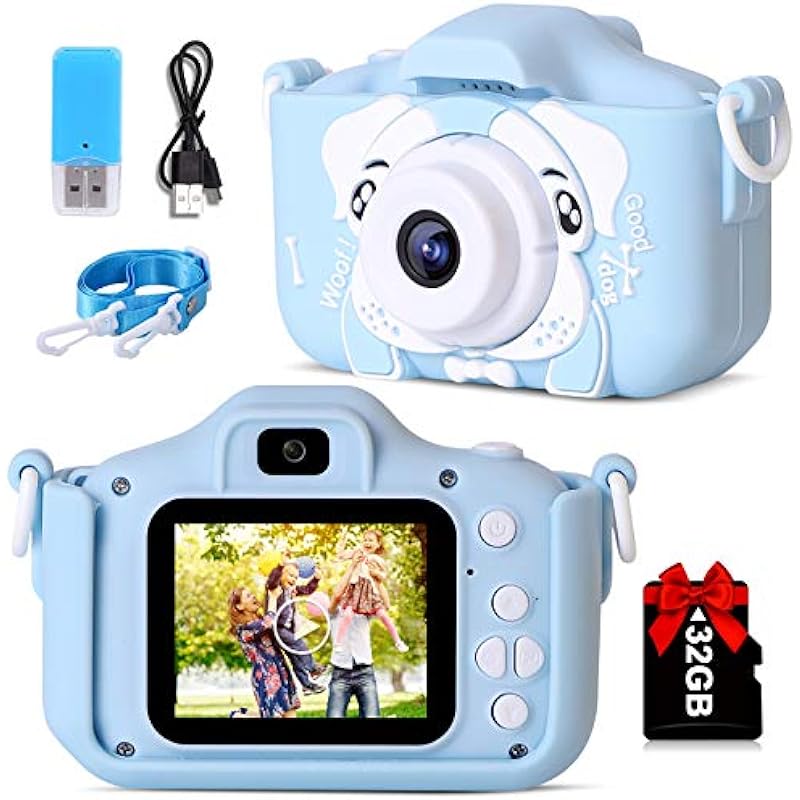 Kids Camera, 20.0MP Digital Dual Camera for Boys and Girls, Kids Silicone Shockproof Selfie Camera, Video Camera Camcorder with 2.0 Inch IPS Screen, 32GB SD Card, for Kids, Dog Blue