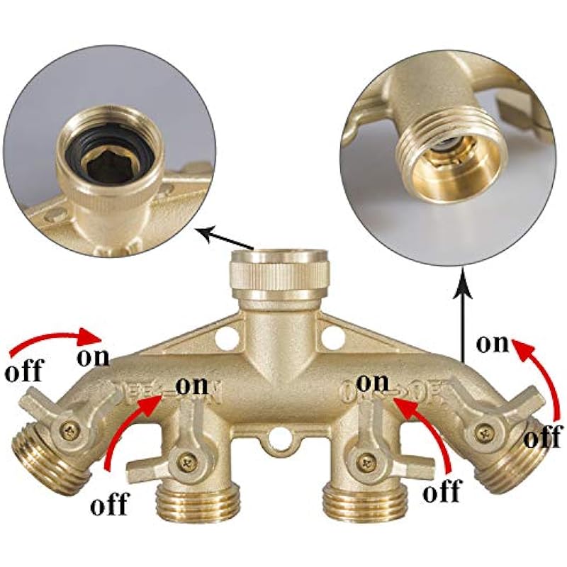 Hourleey Brass Garden Hose Splitter (4 Way), Solid Brass Hose Connector 3/4″, Hose Spigot Adapter 4 Valves with 4 Extra Rubber Washers