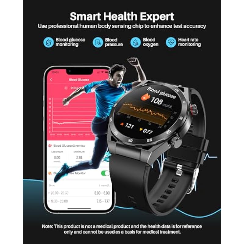 Smart Watch with Bluetooth Call,Non-invasive Blood Glucose Monitors, 1.39″ Smartwatches for Men Women, Fitness Watch with Blood Pressure/HR/Sleep, IP67 Waterproof for Android iOS Black