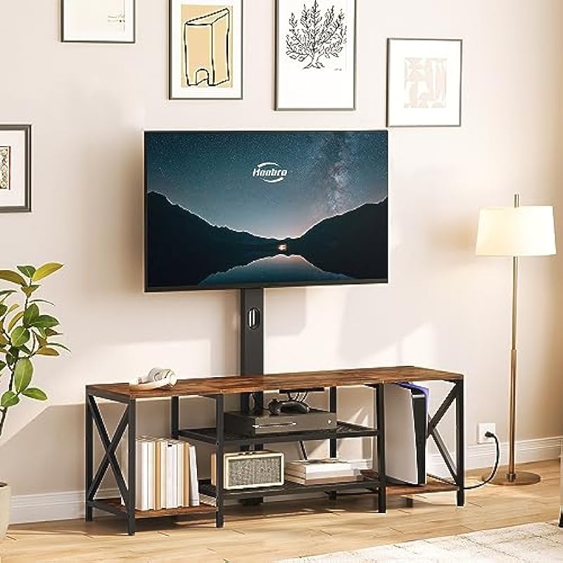 HOOBRO TV Stand with Mount and Power Outlet 55″, Entertainment Center with Swivel TV Mount for TVs Up to 75″, TV Stand Mount with Storage Shelves for Living Room, Bedroom, Rustic Brown BF146UDS01