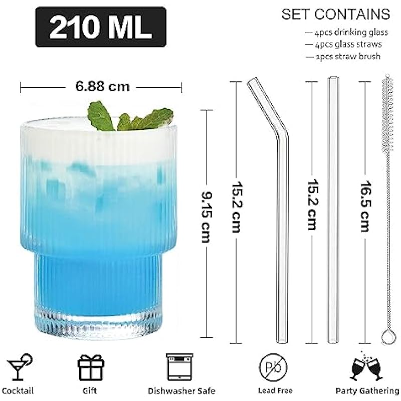 ALINK 7 oz Small Ribbed Drinking Water Glasses with Glass Straws 4pcs Set, Vintage Iced Coffee Cups Glassware, Origami Style Ridged Glass Tumbler for Coocktail, Whiskey, Beer – Cleaning Brush