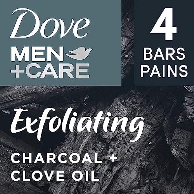Dove Men + Care Natural Essential Oil Bar Soap to Clean and Hydrate Men’s Skin Exfoliating Charcoal + Clove Oil 4-in-1 Bar Soap for Men’s Body, Hair, Face and Shave 141 g 4 count