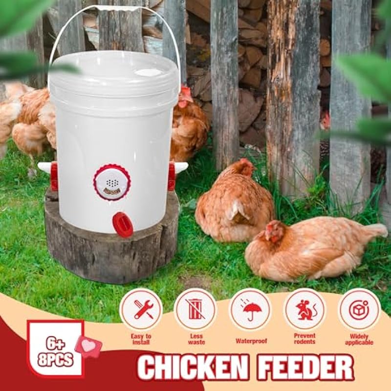 DIY Chicken Feeder and Chicken Waterer Set, Automatic No Waste Chicken Coop Accessories with 6 Chick Feeder Ports and 8 Chicken Water Feeder Cups, Rain-Proof Poultry Feeders Kit with Rat Stopper Cap