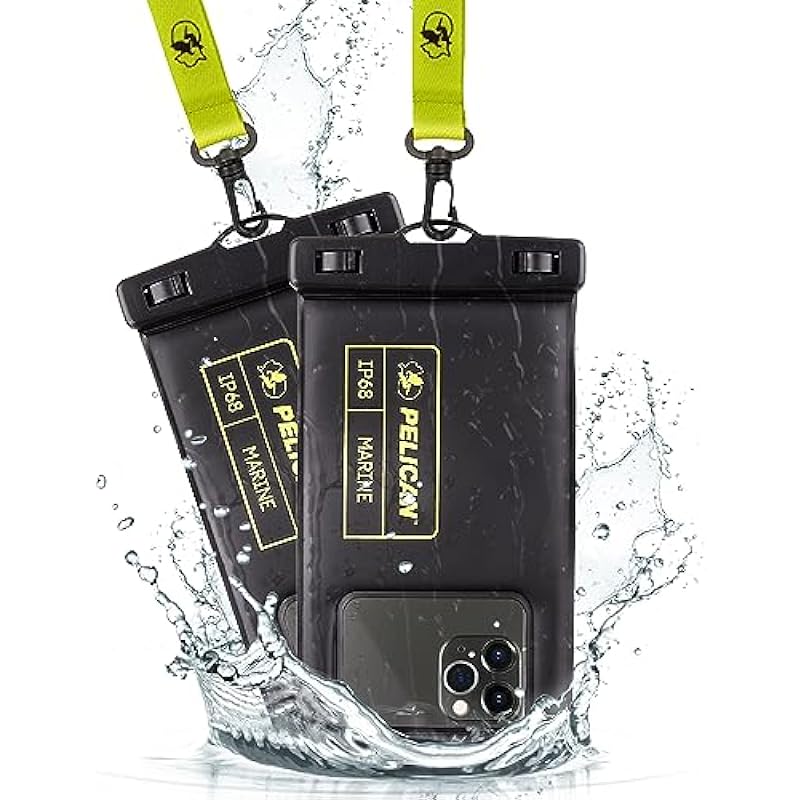 Pelican 2 Pack Marine Series – IP68 Waterproof Floating Protection Phone Pouch/Case (Regular Size) for iPhone 14 Pro Max, 14 Plus, 13, 12 – Detachable Lanyard, Universal Compatibility – Black/Yellow