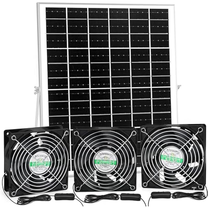 blessny Solar 3 Fan Kit for Intake or Exhaust air, 25W Solar Panel Powered Fan for Chicken Coop, Greenhouse, Outdoor Solar Fans with 15 ft Cord, IP67 Waterproof