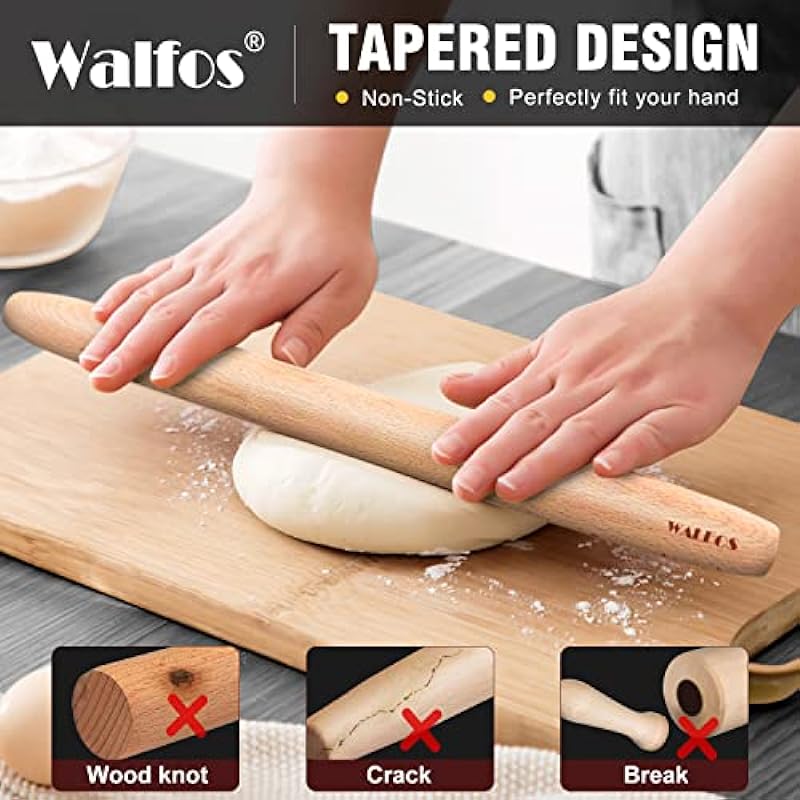 WALFOS French Rolling Pin Dough Roller for Baking,Pizza Dough Pie and Cookie Beech Roller, Wood Rolling Pins for Kitchen Tools（15.7 Inch）