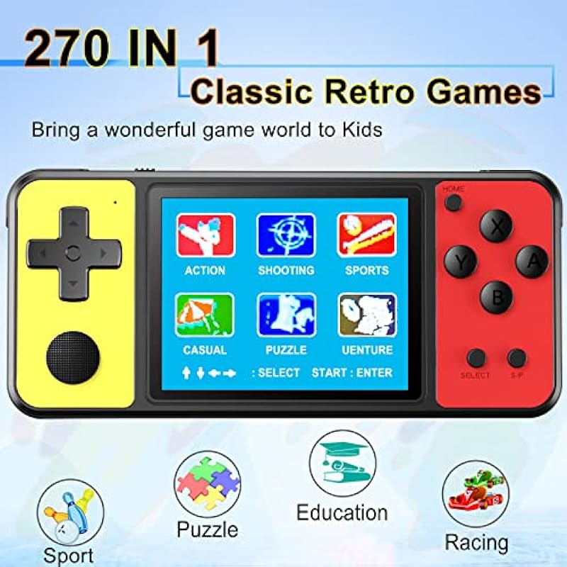Great Boy Handheld Game Console for Kids Aldults Preloaded 270 Classic Retro Games with 3.0” Color Display and Gamepad Rechargeable Arcade Gaming Player (Black Yellow)
