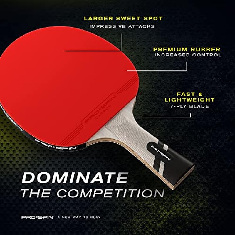 PRO-SPIN Ping Pong Paddle with Carbon Fibre | Elite Series 7-Ply Blade, Premium Rubber, 2.0mm Sponge & Rubber Protector Case | Choice of Classic Shakehand or Penhold Grip Table Tennis Racket