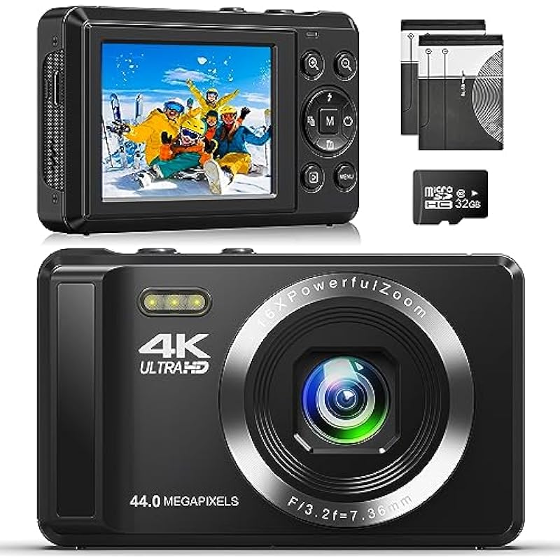 Digital Camera 4K 44MP Compact Camera with 16X Digital Zoom, Auto-Focus Kids Point and Shoot Digital Camera with 32GB SD Card, Portable Camera for Teens Kids Boys Girls… (Black, Compact)…