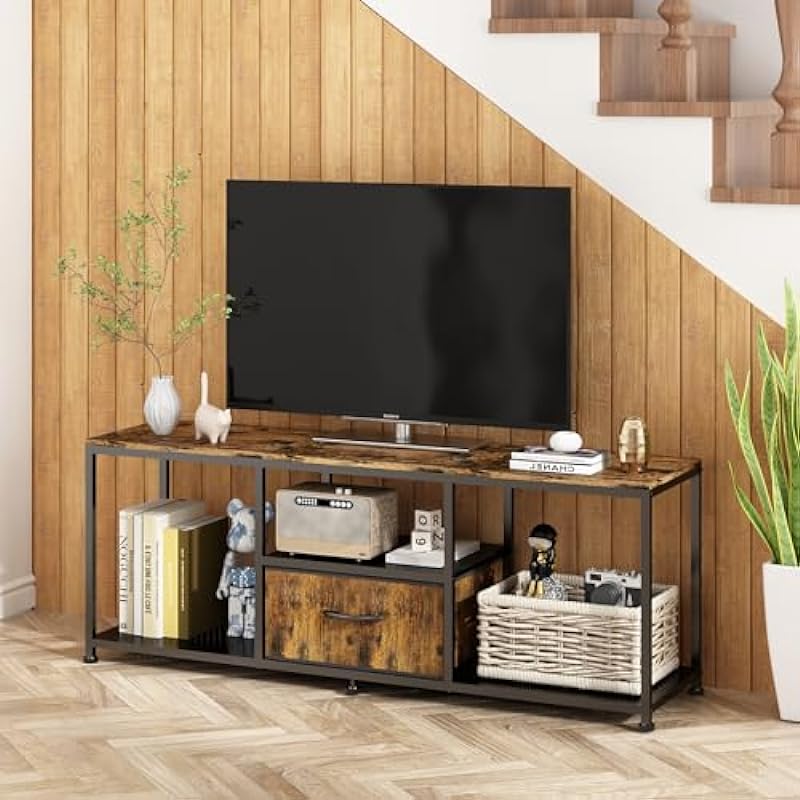 Wisdom Star TV Stand with Storage Cabinet,Entertainment Television Cabinet Center for TV up to 50 inch, Open Storage Shelves for Living Room,Bedroom, Metal,Rustic Brown