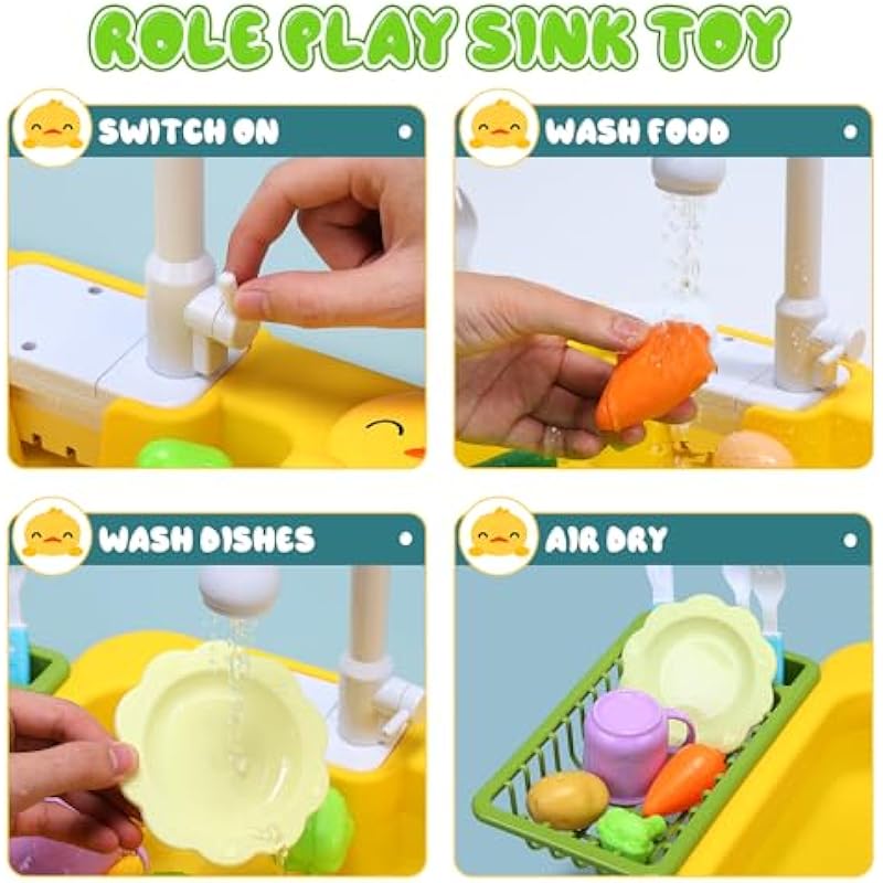 CUTE STONE Kitchen Sink Toys W/ Running Water, Play Sink Dishwasher W/ Upgraded Electric Faucet, Automatic Water Cycle System, Educational Pretend Role Play Kitchenware Toys for Kids Boys Girls(Duck)