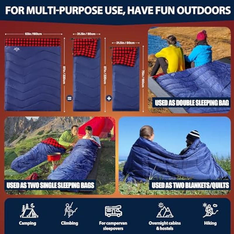 Double Sleeping Bag for Adults Camping, XL Queen Size Sleeping Bag for All Season Hiking Backpacking, 2 Person Sleeping Bag Lightweight Waterproof for Cold Weather & Warm