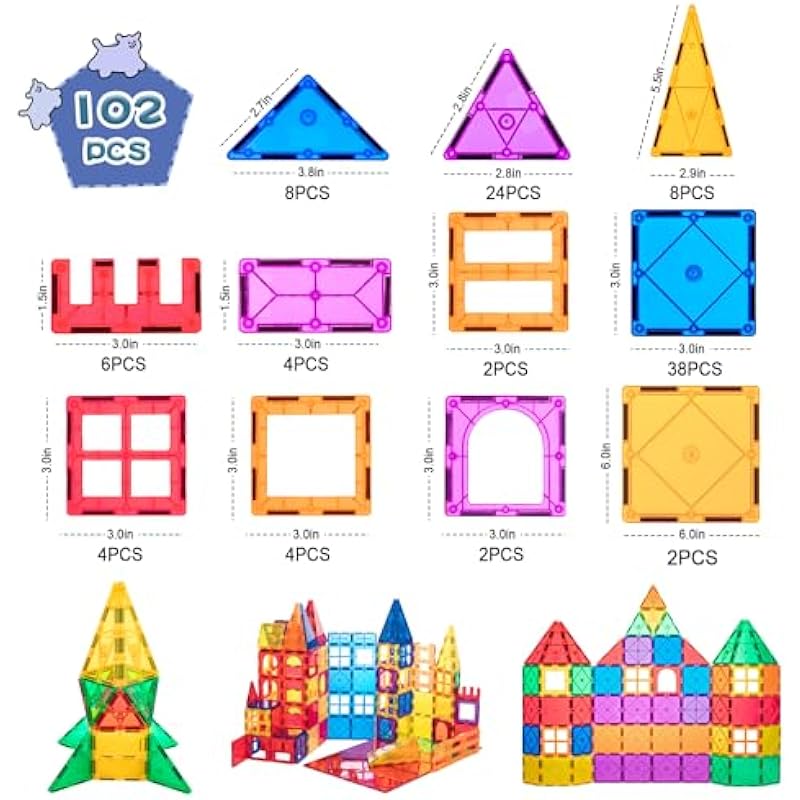 Compatible Magnetic Tiles Building Blocks – 102pcs Advanced Set, STEM Toys for 3+ Year Old Boys and Girls Learning by Playing Montessori Toys Toddler Kids Activities Games Christmas New Year Gifts