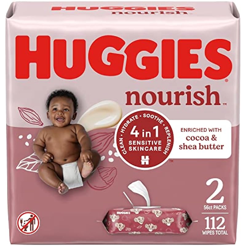 Huggies Nourish Scented Baby Wipes, 2 Push Button Packs (112 Wipes Total)