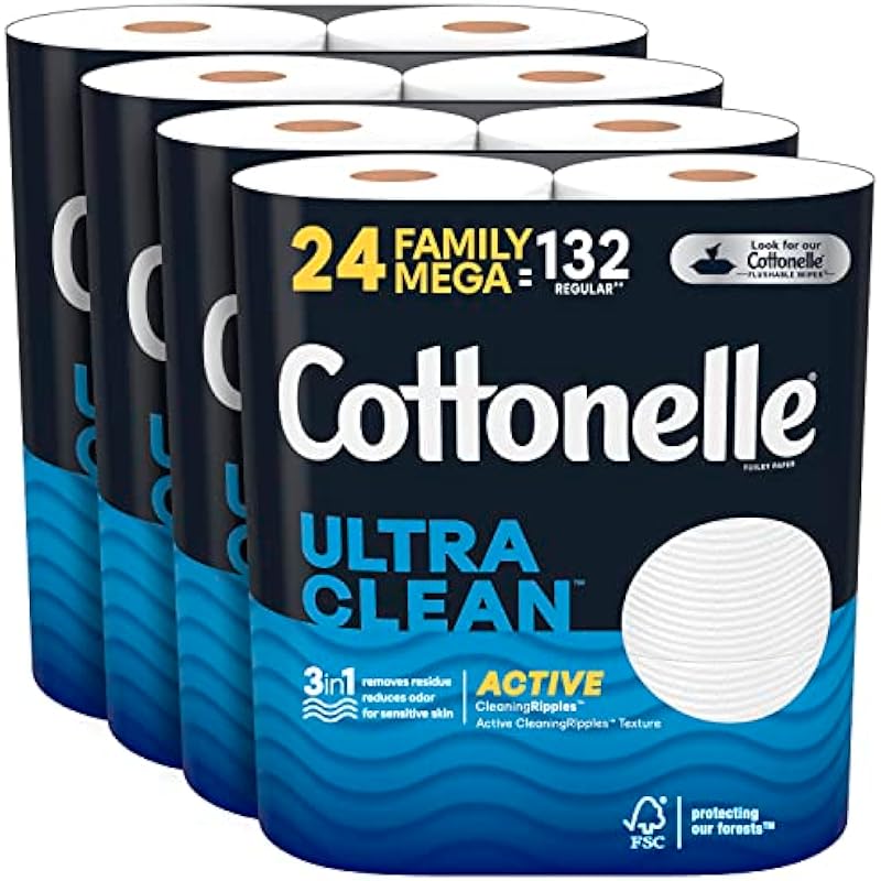 Cottonelle Ultra Clean Toilet Paper with Active Cleaningripples Texture, Strong Bath Tissue, 24 Family Mega Rolls (24 Family Mega Rolls = 132 Regular Rolls) (4 Packs of 6), 388 Sheets per Roll.