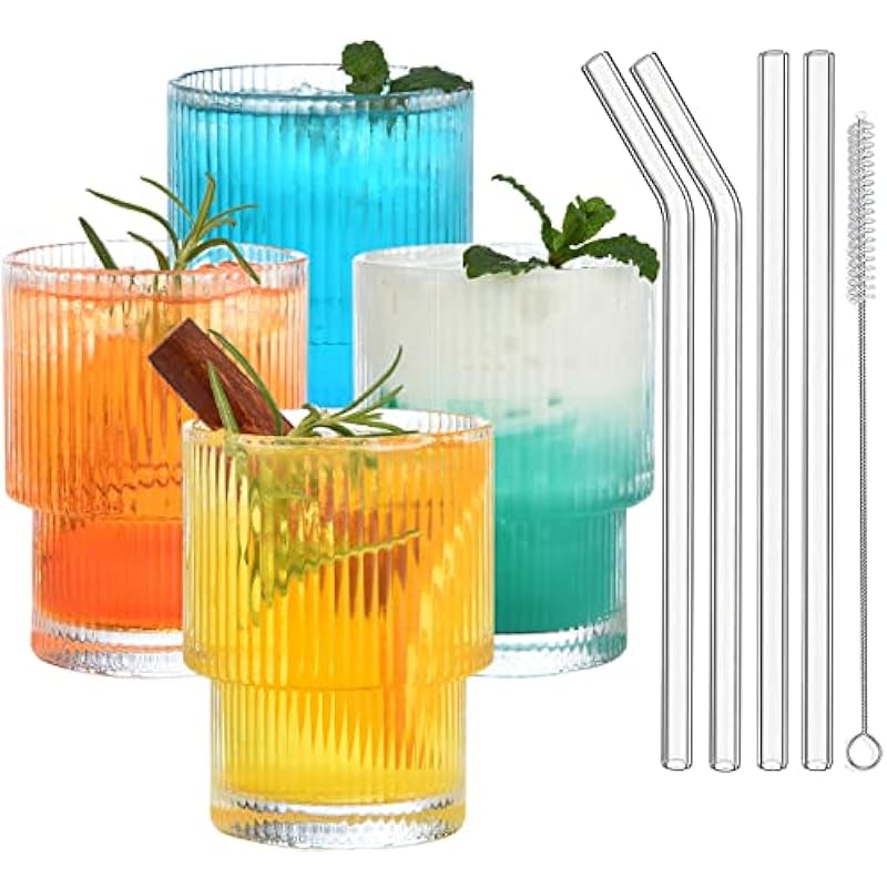 ALINK 7 oz Small Ribbed Drinking Water Glasses with Glass Straws 4pcs Set, Vintage Iced Coffee Cups Glassware, Origami Style Ridged Glass Tumbler for Coocktail, Whiskey, Beer – Cleaning Brush