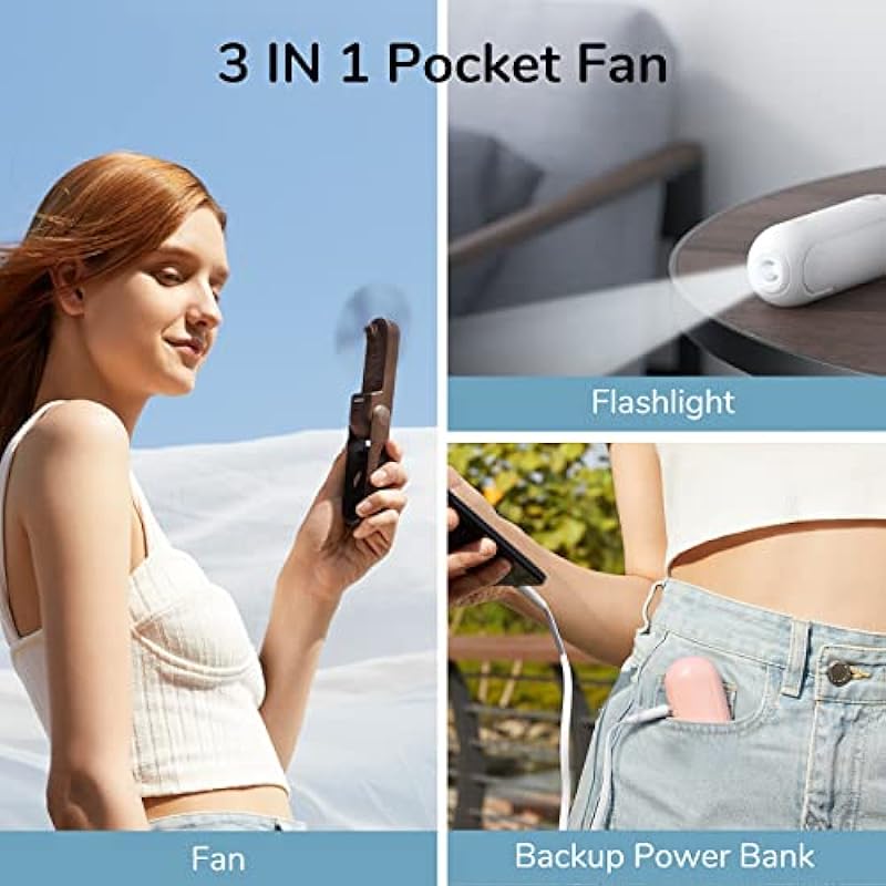 JISULIFE Handheld Mini Fan, Portable 3 IN 1 Hand Fan, Small Pocket Fan, USB Rechargeable Battery Operated Fan [14-21 Working Hours] with Power Bank, Flashlight Function for Women,Travel,Outdoor-Brown