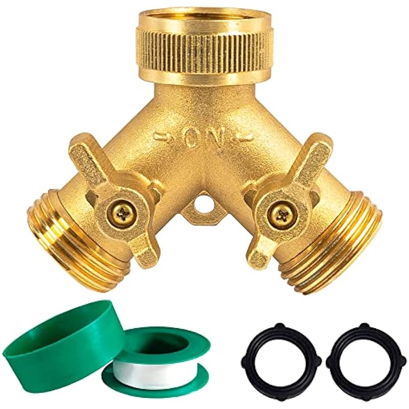 Hourleey Brass Garden Hose Splitter (2 Way), Solid Brass Hose Y Splitter 2 Valves with 2 Extra Rubber Washers (Brass)