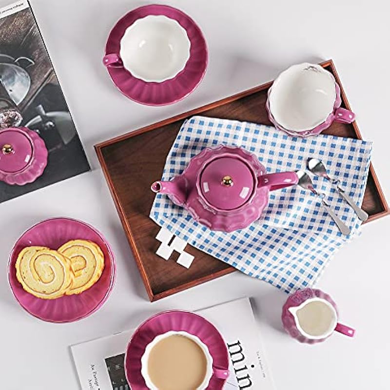 Porcelain Tea Sets British Royal Series, 8 OZ Cups& Saucer Service for 6, with Teapot Sugar Bowl Cream Pitcher Teaspoons and Tea Strainer, Suitable for High Tea, Wedding, Party,Sweejar (Blue Violet)