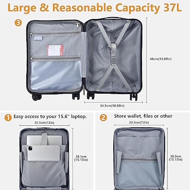Carry On 55x35x23cm Cabin Luggage 20″ with Front Compartment, Lightweight ABS+PC with Dual Control TSA Lock, YKK Zipper, 4 Silent Wheels, Orange