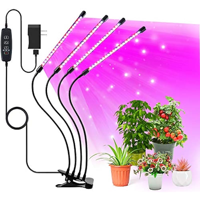 Grow Light Plant Light for Indoor Plants, 4-Head 50W 84 LEDs Red&Blue&Full Spectrum Plant lamp, 360°Adjustable Gooseneck Auto ON/Off 3/9/12 H Timer 3 Switch Modes, 10 Dimmable Levels