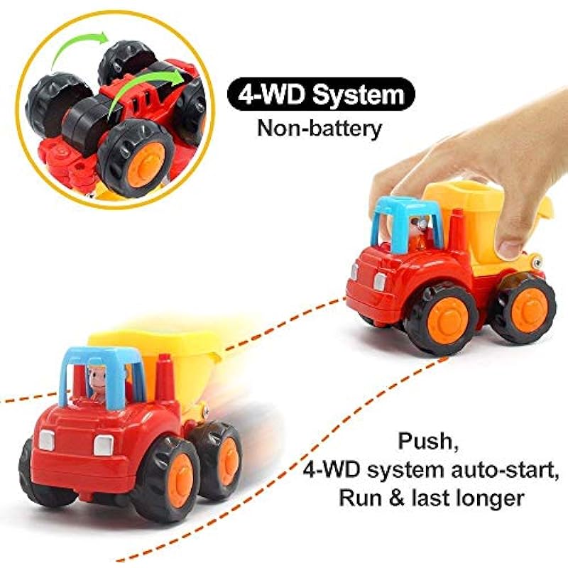 Yiosion Friction Powered Cars Push and Go Trucks Construction Vehicles Toys Set of Tractor Bulldozer Dump Truck Cement Mixer for Baby Toddlers Infants Boys Gifts