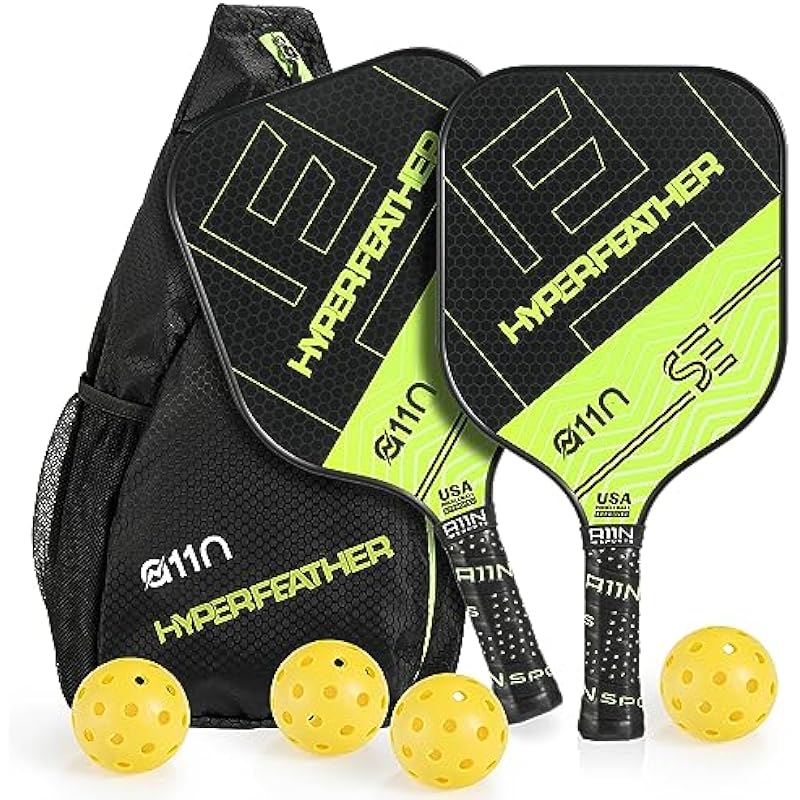 A11N HyperFeather SE Pickleball Paddles Set- USAPA Approved | 8OZ, Graphite Face & Polymer Core, Cushion Grip | 4 Outdoor Balls and 1 Sling Bag- Paddles