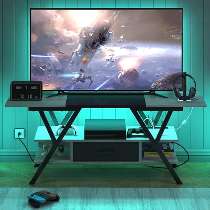 Yusong 65 inch LED TV Stand, Entertainment Center Gaming TV Table with Outlets, Up to 65″ Media Console for Living Room, 29+DIY Dynamic RGB Modes, Greige+Black