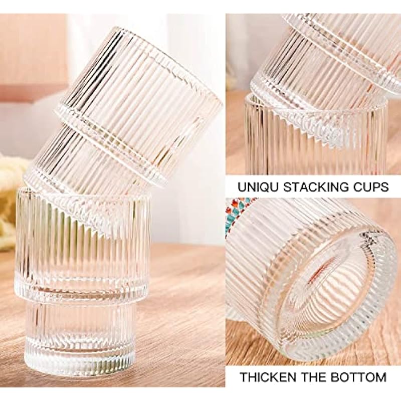 ALINK 7 oz Ribbed Drinking Water Glasses with Glass Straws 6pcs Set, Vintage Iced Coffee Cups Glassware, Origami Style Ridged Glass Tumbler for Coocktail, Whiskey, Beer – Cleaning Brush