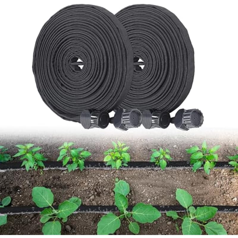 Soaker Hose 100FT for Garden Beds – 3/4″ Heavy Duty Double Layer Drip Irrigation Hose, Save 85% Water- Linkable Flat Soaker Hose for Lawn Flower Bed Vegetable Field Effective Watering (50FT x 2Pack)