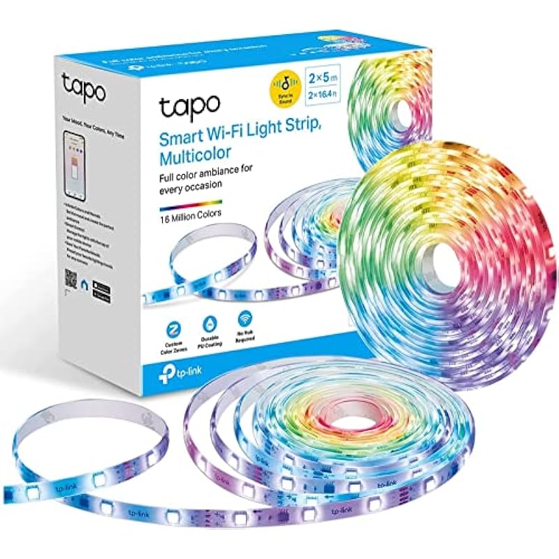 TP-Link Tapo Smart LED Light Strip, 100 Color Zones RGBIC, Sync-to-Sound, 32.8ft(2 Rolls of 16.4ft) Wi-Fi LED Strip Works w/Alexa & Google, IP44 PU Coating, Trimmable, 2 Yr Warranty (Tapo L920-10)