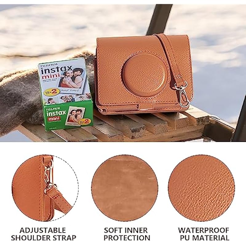 CAIYOULE Protective Camera Case for Fujifilm Instax Mini EVO Camera, PU Leather Fuji Mini EVO Carrying Bag with Mini Photo Pouch, Album, Frames, Screen Protector Accessories Kit – Vintage Brown