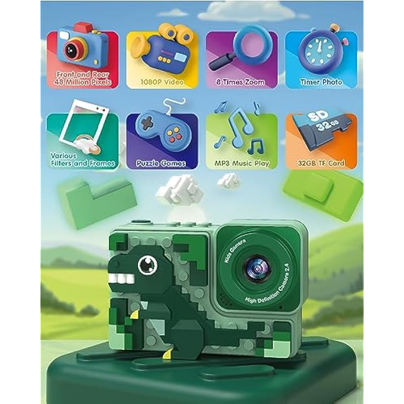 Kids Dinosaur Digital Camera Toys: [2023 Upgrade] Kizeefun 3-12 Year Old Boys Christmas Birthday Gifts, Mini HD Selfie Video Baby Camera for 3 4 5 6 7 8 9 Toddler Children with 32GB Card