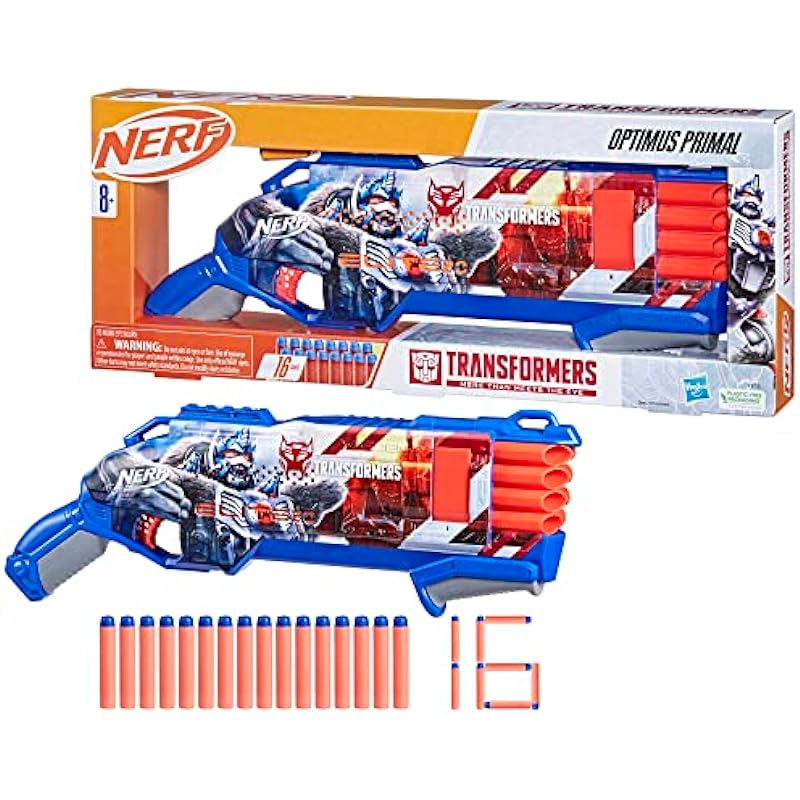 Nerf Transformers Optimus Primal Dart Blaster, 16 Nerf Elite Darts, Pump Action, Toy Foam Blasters for 8 Year Old Boys & Girls & Up