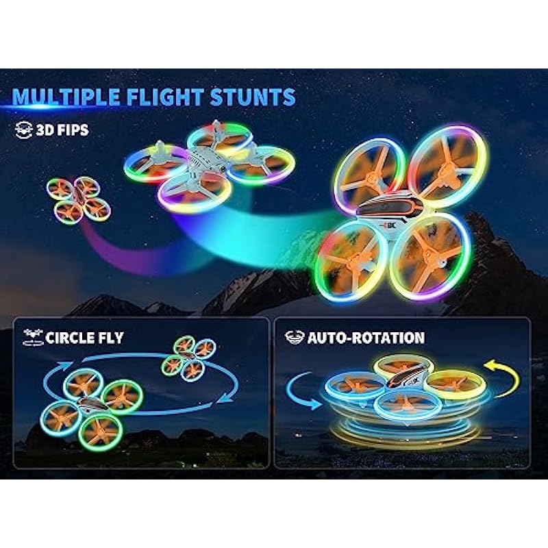 Drone with Camera for Kids Adults, Mini Drones Toys Gifts for with Colorful Lights, RC Quadcopter Helicopter with Auto Hover, Headless Mode, Gravity Control, Trajectory Flight and 2 Batteries