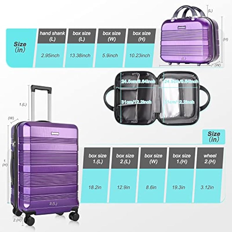 GigabitBest 2PCS Luggage Set, 20″ Carry-On Luggage & 14″ Cosmetic Bag, Lightweight ABS+PC Carrying Case with TSA Lock, Rigid Suitcase with Swivel Wheels